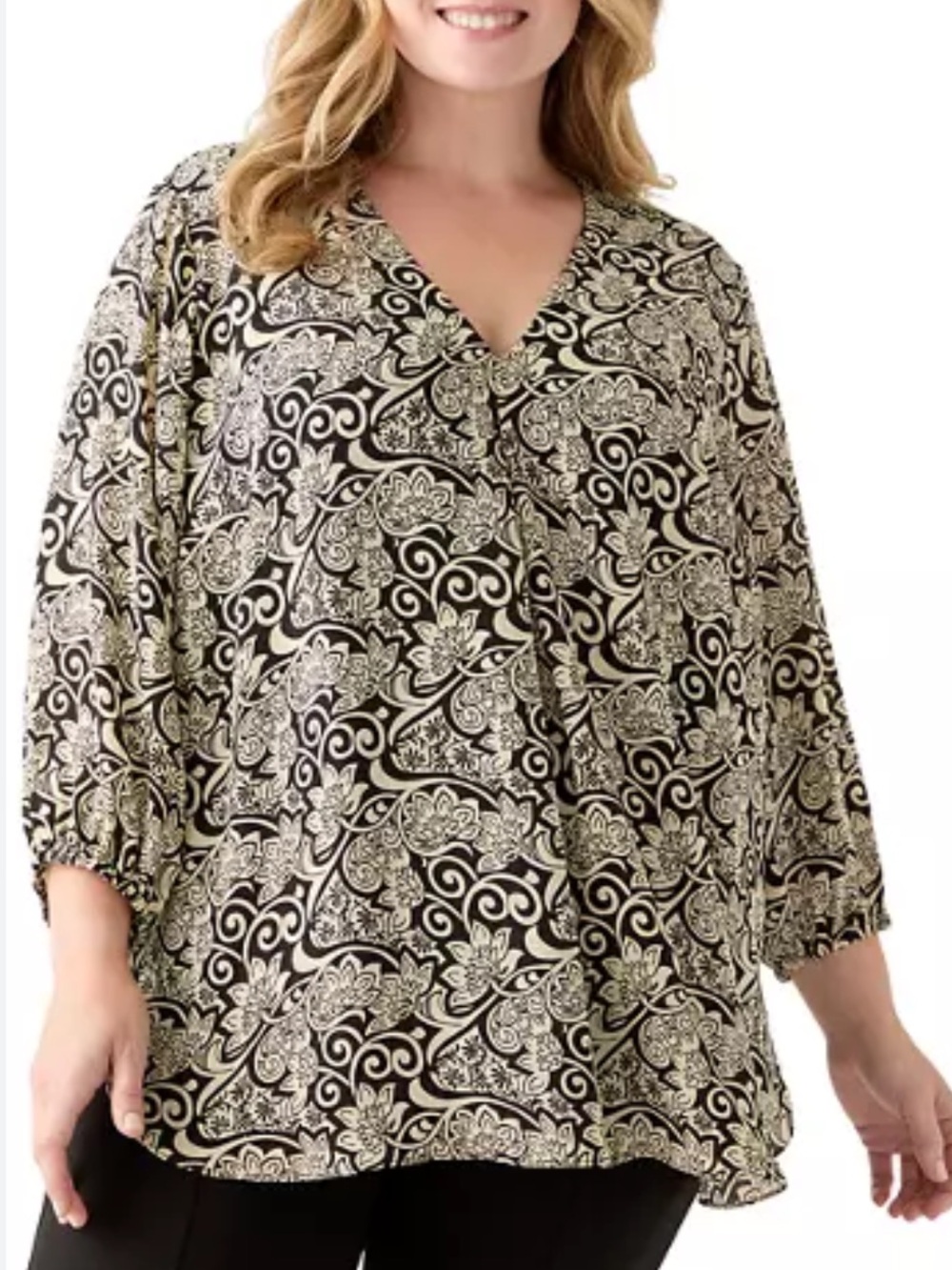 NEW! T Tahari Black & Cream Ornate V-Neck Blouse 3X